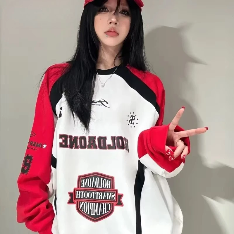 American Retro Stitching Sweatshirt Contrasting Color O-neck Raglan Sleeves Shirt for Men Women Oversize Street Niche Loose Top
