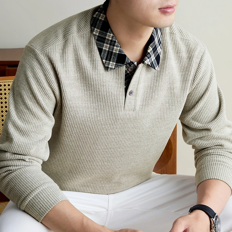 Personality patchwork design men's sweater luxury soft comfort knitted fashion autumn new casual high-end striped lapel pullover