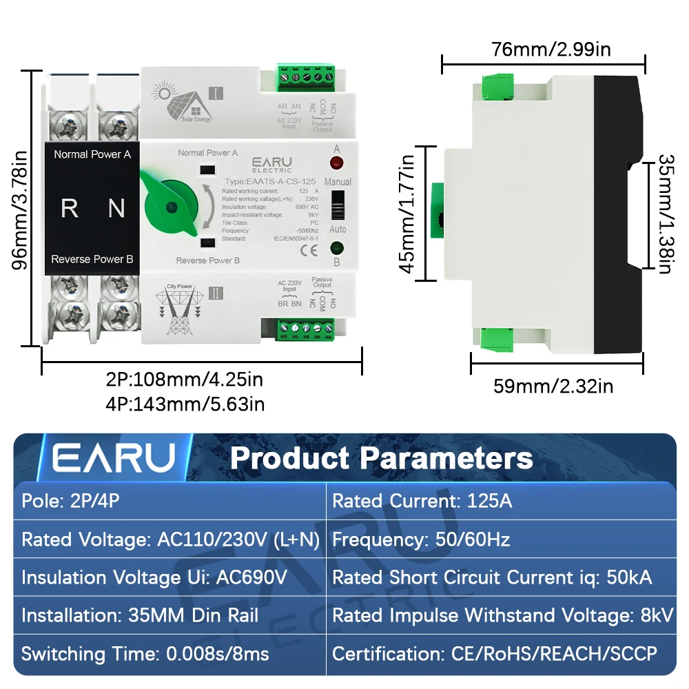 EARU Uninterrupted ATS Dual Power Automatic Transfer Selector Switches Din Rail Works with PV Inverter 2P 4P AC110V AC230V 125A