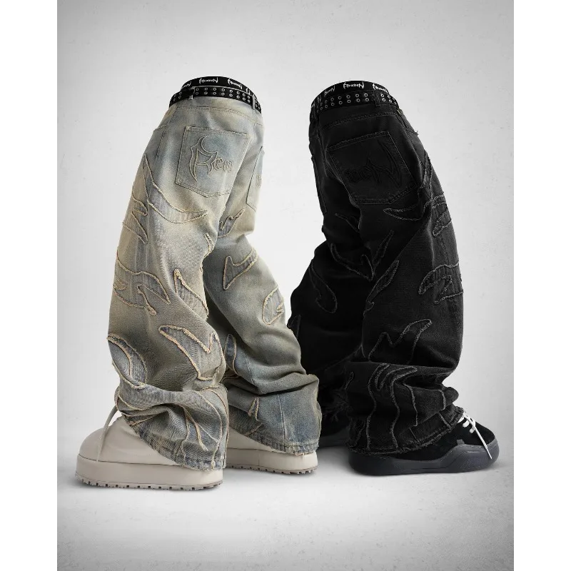 2026 Y2k Streetwear Retro Raw Edge Embroidery Baggy Jeans Men Women Fashion Hip Hop Personality Patchwork High Waist Denim Pants