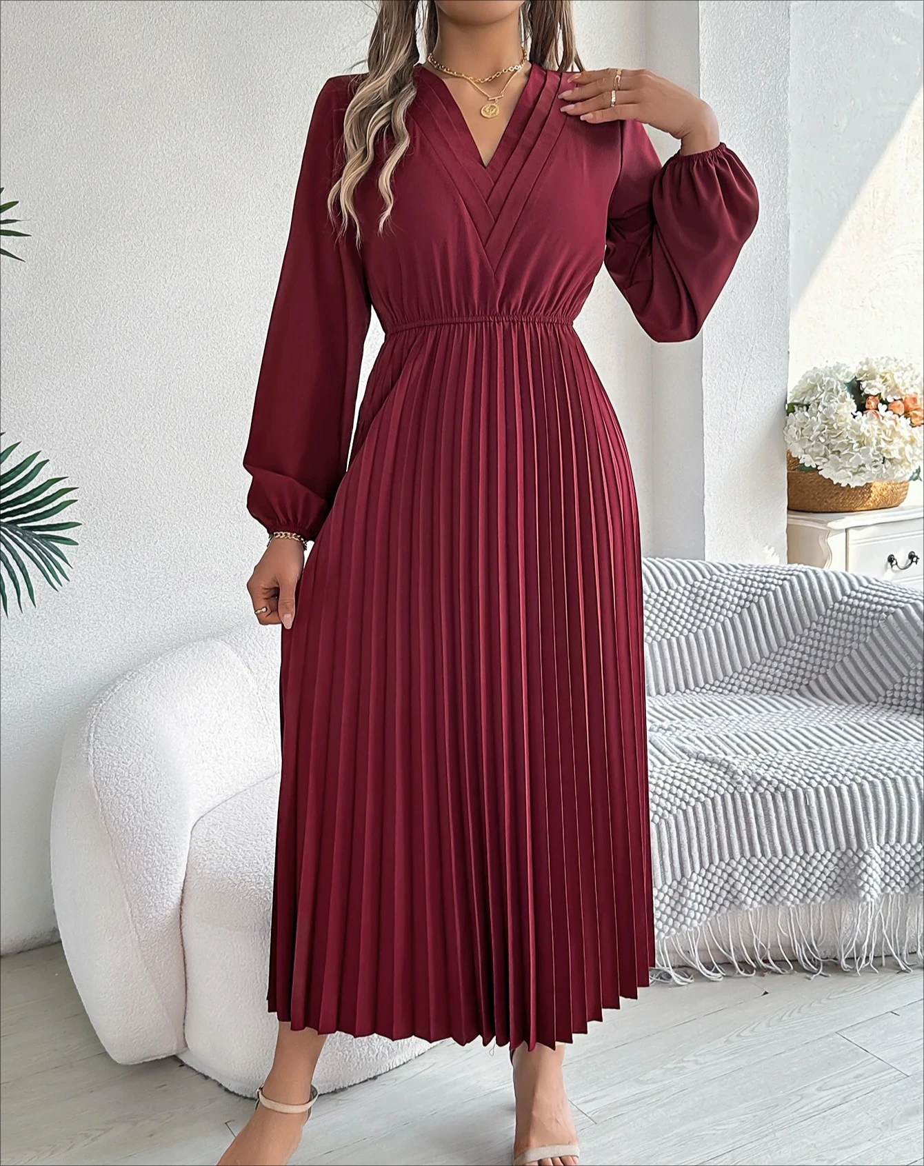 

Элегантные женские платья, осенне-зимнее однотонное плиссированное платье макси с v-образным вырезом и высокой талией, красное, черное, зеленое