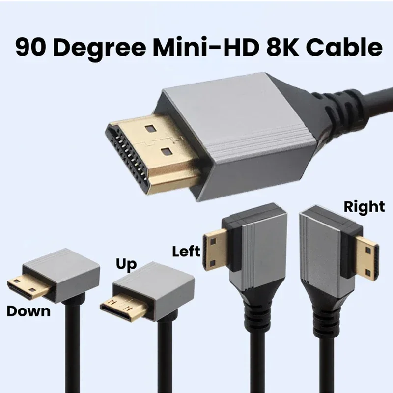 Mini/Micro HDMI-Compatible 8K UHD Cable 90 Degree Up/Down/Left/Right Angle HD Port Thin Cord for Laptop Camera Tablet Camcorder