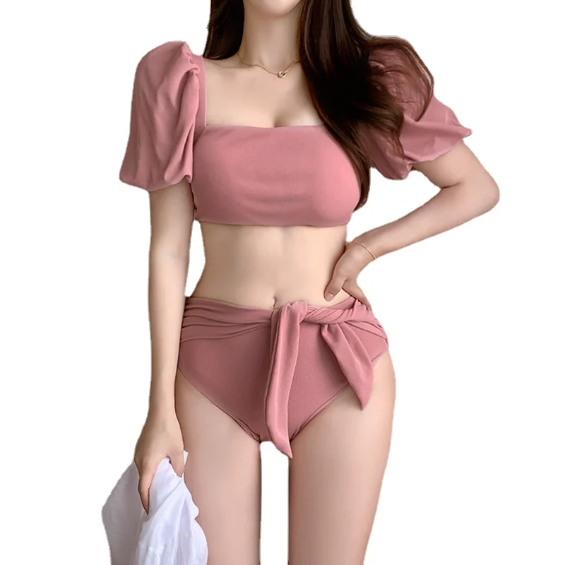 Women's Sexy Two-Piece Bikini Set, Gathered Split Swimsuit, Short Sleeves, Hot Spring Swimwear