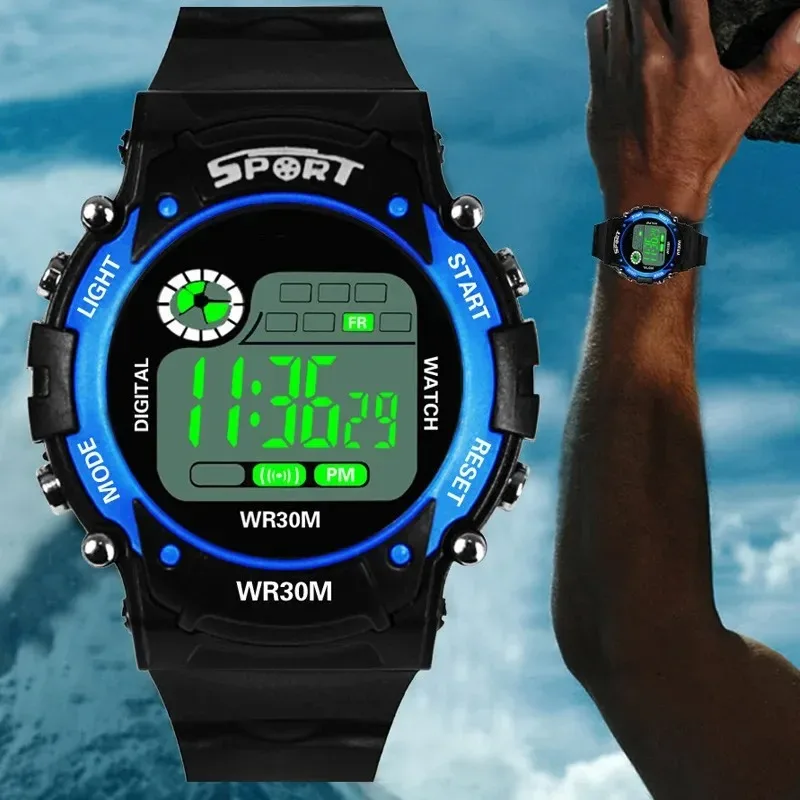 ساعة رقمية للأطفال بإضاءة ملونة، شاشة LED رياضية مضيئة مقاومة للماء، حزام من السيليكون، ساعة توقيت بتقويم للطلاب يوميًا