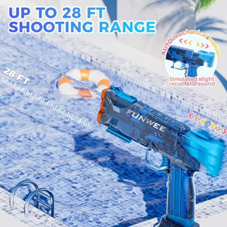 Outdoor pool water toy for adult and kid: electric water guns, ABS plastic, blue/red, 2-pack, full automatic, 500+ blasts, long
