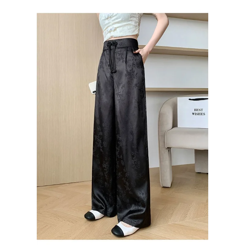 Nuevo estilo chino hebilla de disco satén Jacquard pierna ancha nueva cintura alta delgada drapeado Casual pantalones para fregar el suelo