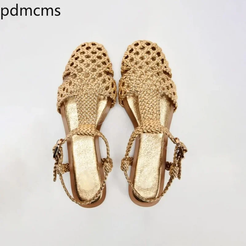 Women's Sandals Hand-woven Flat Sandals Women Gold Hollow Belt Round Toe Flat Casual Sandals Summer Beach Vacation Shoes Zapatos