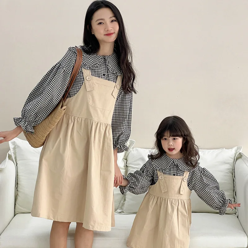 

Mom Daughter Matching Outfits Party Dress Casual Womens Clothing 2024 Spring Mom and Baby Girls Plaid Blouse Sleeveless Dresses