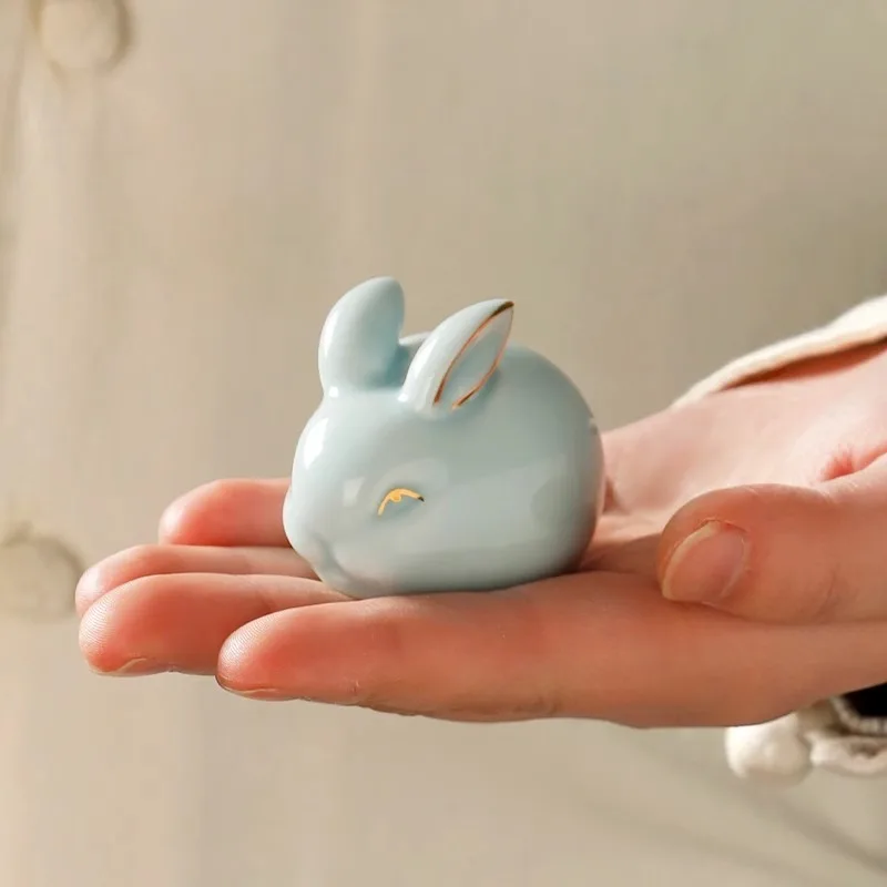 Ru Kiln Celadon Cute Rabbit Tea Pet, Ceramic Tea Play, Animal Statue, Gongfu Tea Accessories,Zen Home Decoration