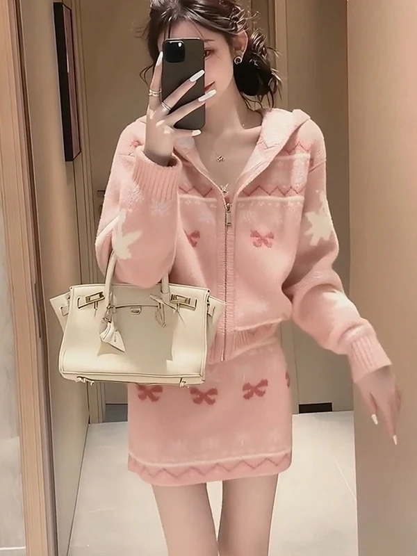 

Fashionable Two-Tone Lazy Style Knitted Set Chic Top Half-Skirt Gentle Set Dress Two-Piece Set Ins Sweet Style Autumn Casual