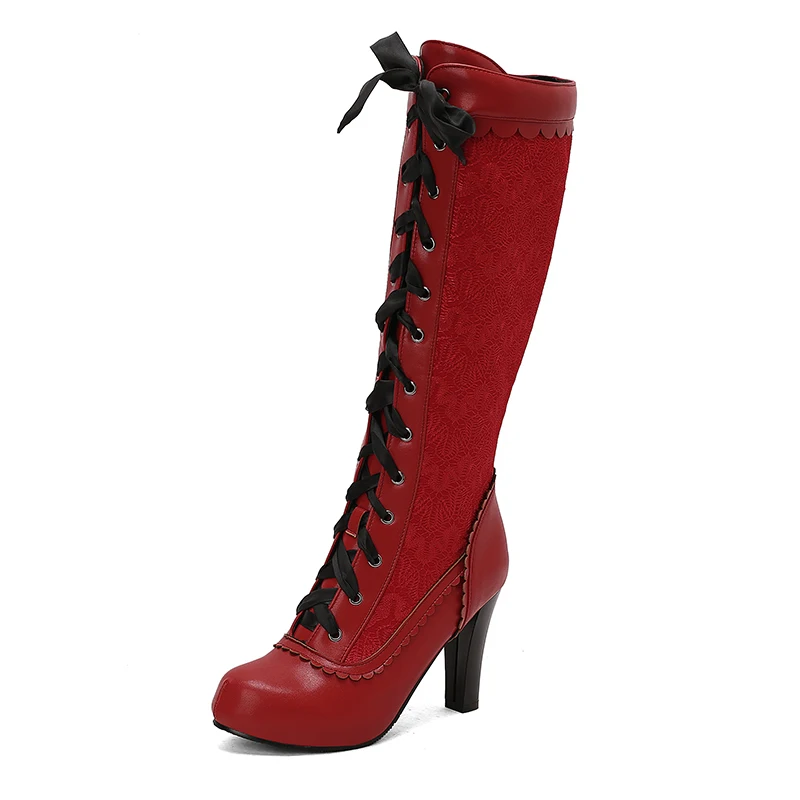 Women Lolita Victorian Boots Spike Heels Knee High Booties Lace Up Cosplay Character Medieval Renaissanc Dance Kawaii Witch Shoe