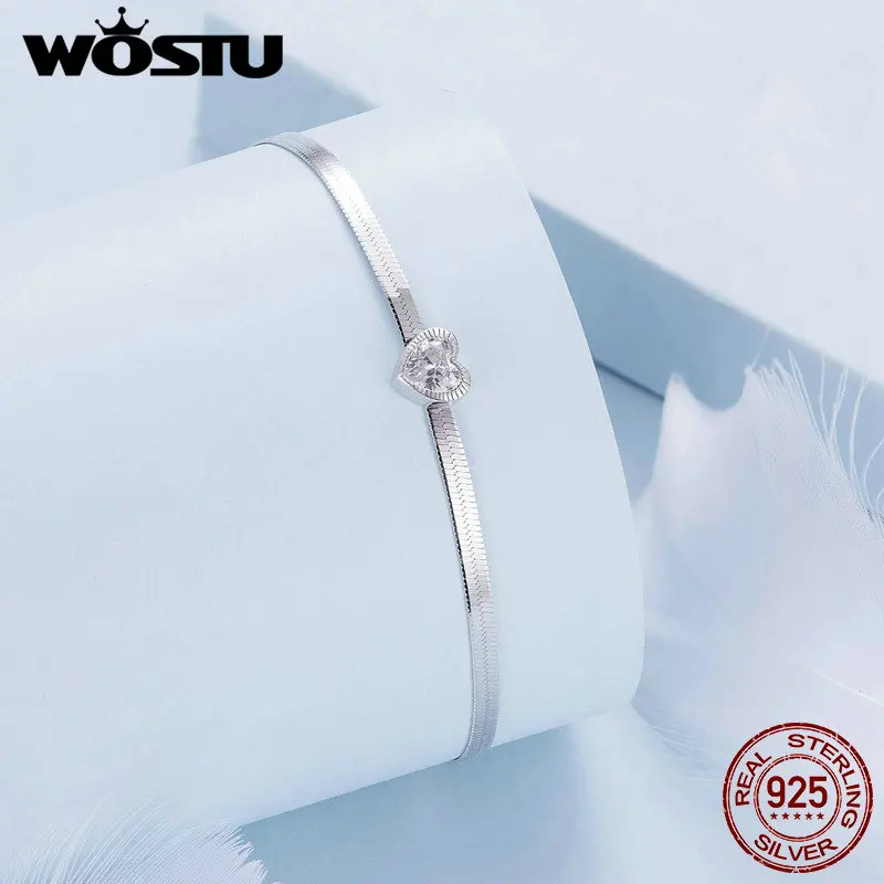 WOSTU 925 Sterling Silver Shining Heart Bracelet with Zircon Original Fine Jewelry for Women Party Wedding Romantic Gift