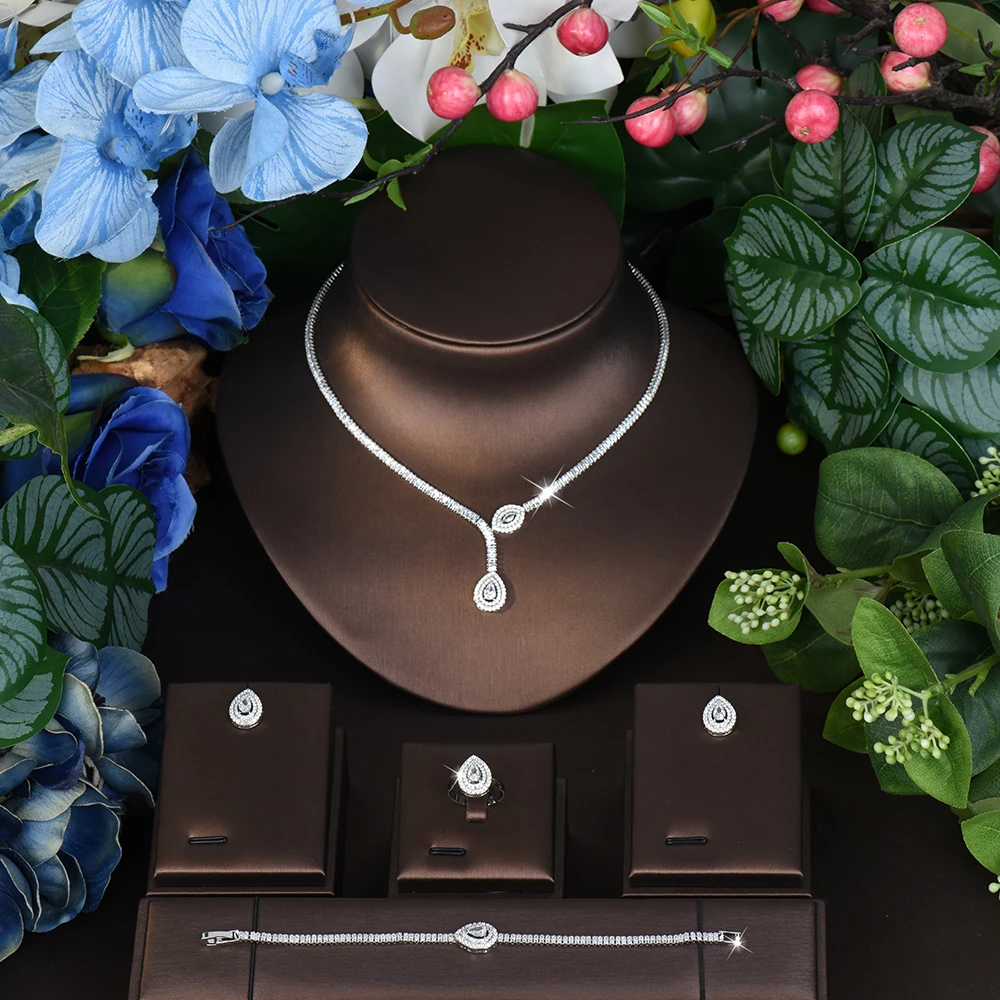 Cute Daily Delicate Water Drop Pendant Necklace Earrings Bracelet Set of 4 Pieces Jewelry Dubai Women Party Dating Tour M-722