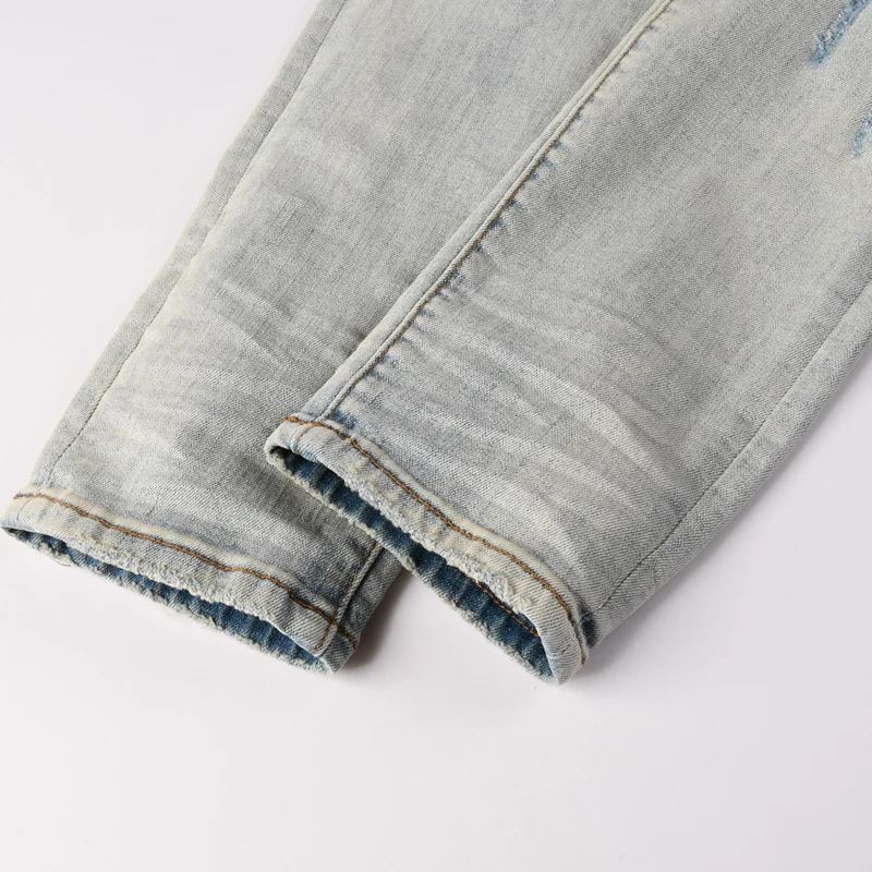 American fashion men's jeans retro elastic slim fit with holes, red patch light blue fashion jeans Y2K