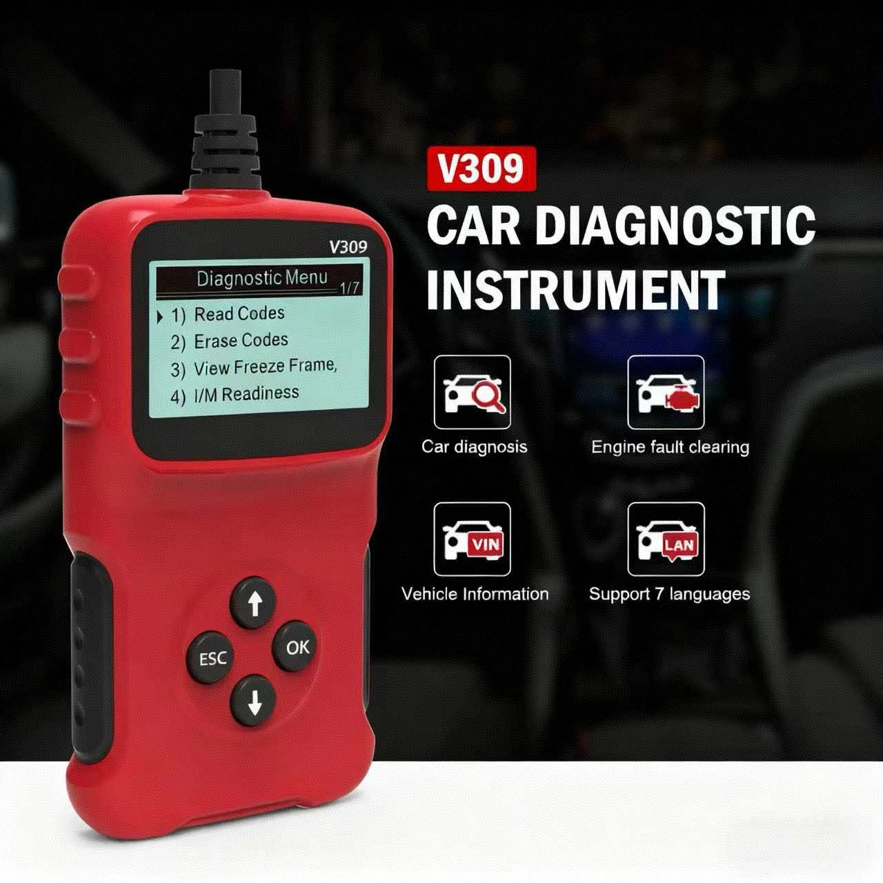 

V309 OBD2 Автомобильный диагностический прибор для чтения/иззора, код замерзания, рамка I/M, чтение VIN, проверка 7 языков, автомобильный сканер, инструмент