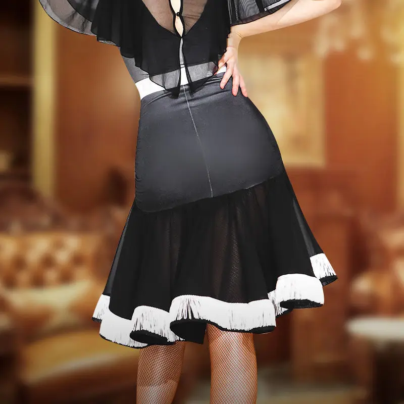 Professionele Latin Dance Half Rok Vrouwen Trekkoord Hip Wrap Kwastje Rok Dans Praktijk Rok Slim Mesh Rok