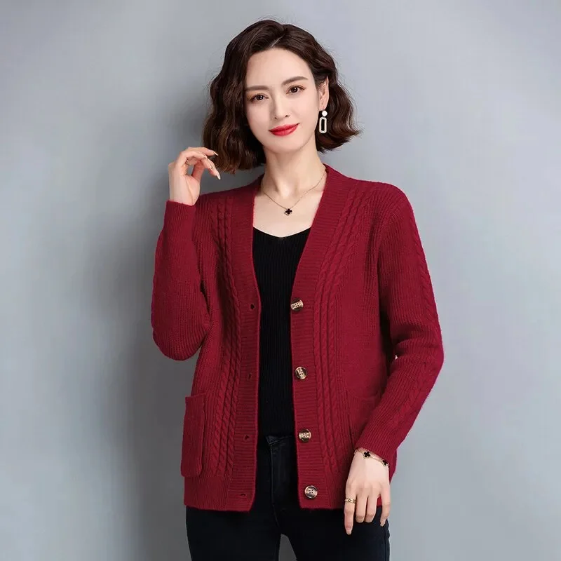 Cardigan de couleur Pure pour femme, veste pull, ample, col en v, manteau en tricot, mode, haut à simple boutonnage, nouvelle collection printemps automne 2025