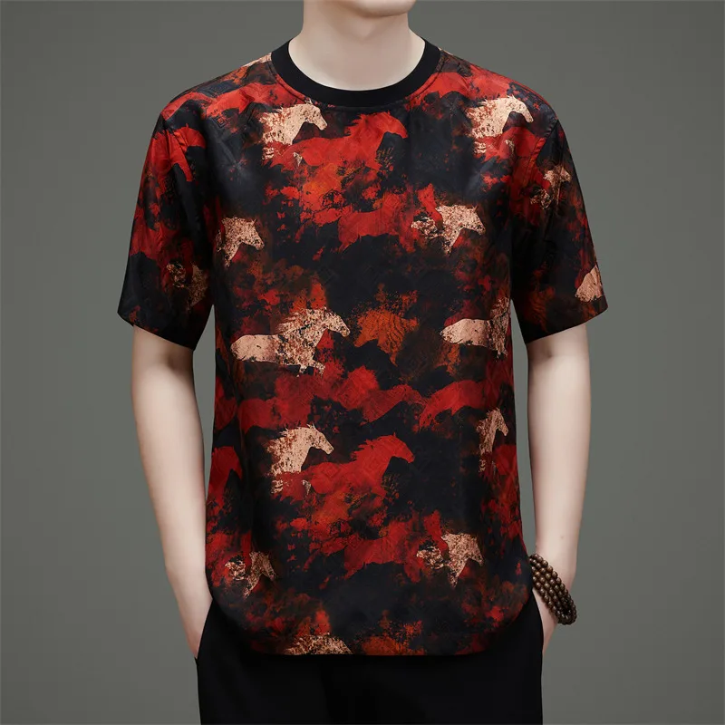 Premium Print T Shirt For Men Short Sleeve Gambiered Canton Gauze Summer Top Quality Silk 100% Skin-Friendly Camisetas De Hombre