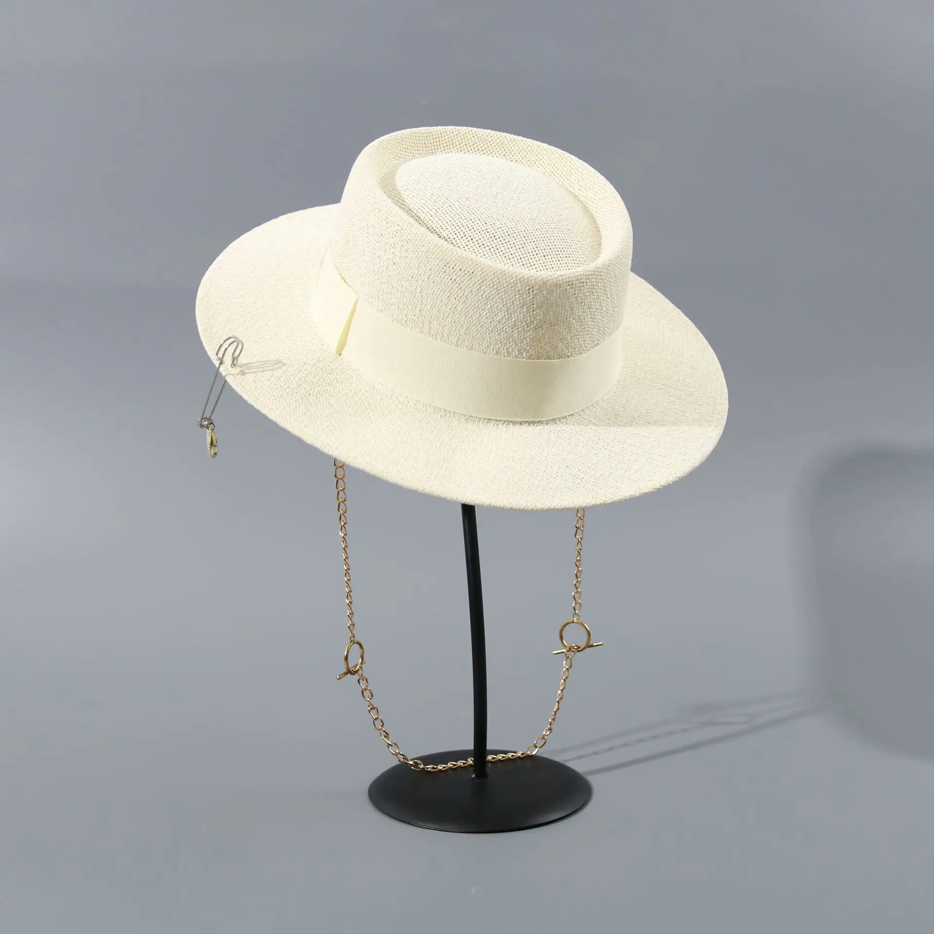 Sombrero de Paja con Letra S y Anillo Decorativo en la Parte Superior, con Cadena, para Mujer, Verano, Playa, Protección Solar Anti-UV