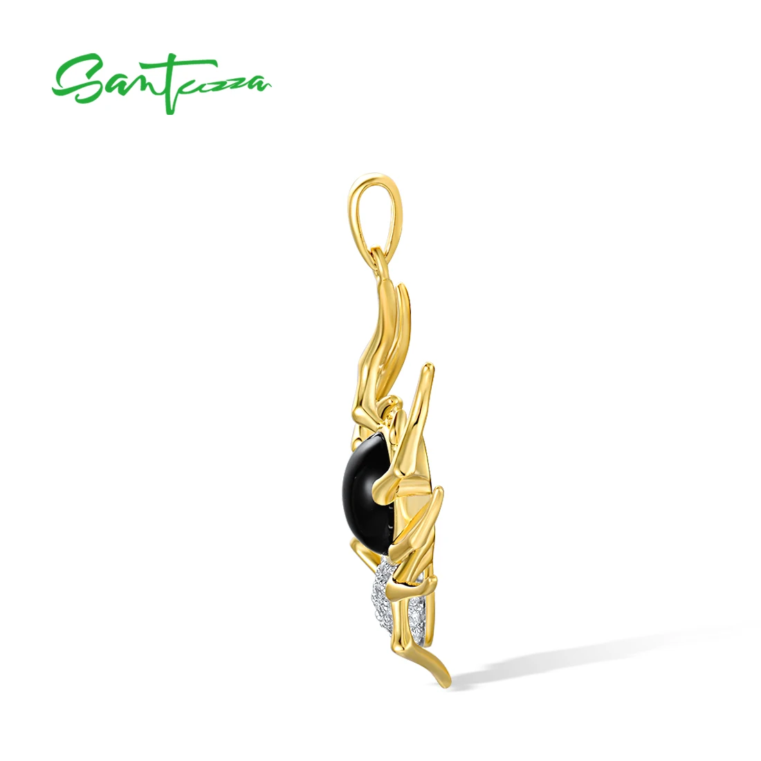 SANTUZZA Authentic 925 Sterling Silver Pendant For Women Black Agate White CZ Yellow Plated Spider Animal Trendy Fine Jewelry