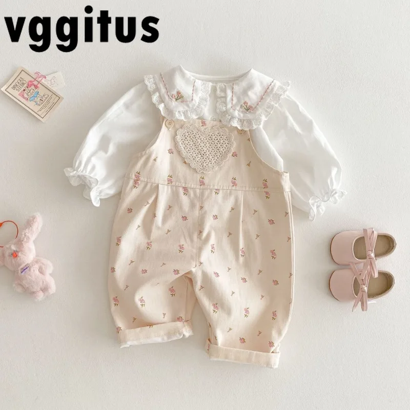 New Spring Autumn Baby Girls Sets Floral Overalls Korean Version Love Casual Pants/Large Lapel Shirts Children's Outfits H5096