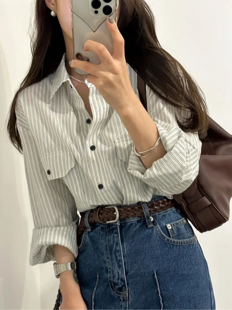 Csa Casual trada de Manga Longa com Botão Único e Bolso, Estilo Retro para Mulheres, Moda Versátil para o Dia a Dia