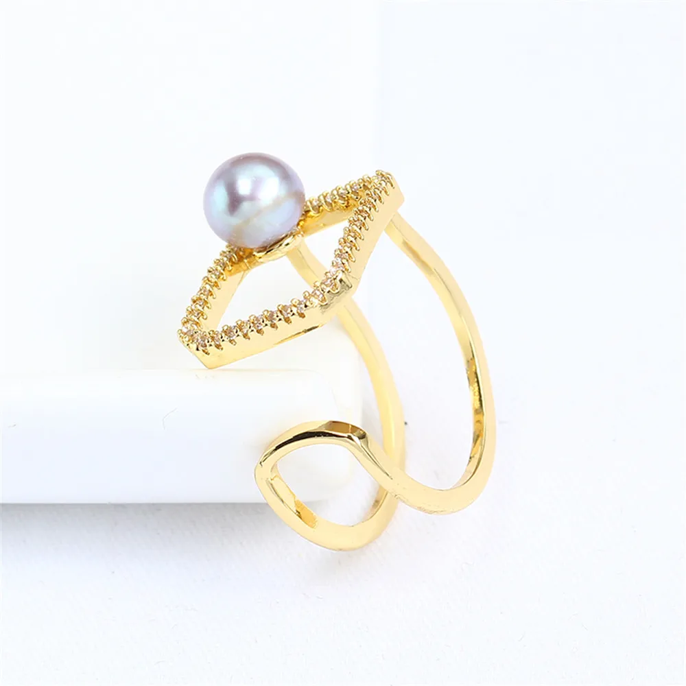 

Domestic 14k Gold Color Retaining Square Open Ring with Zircon Pearl Empty Bracket Adjustable DIY Accessories for Women