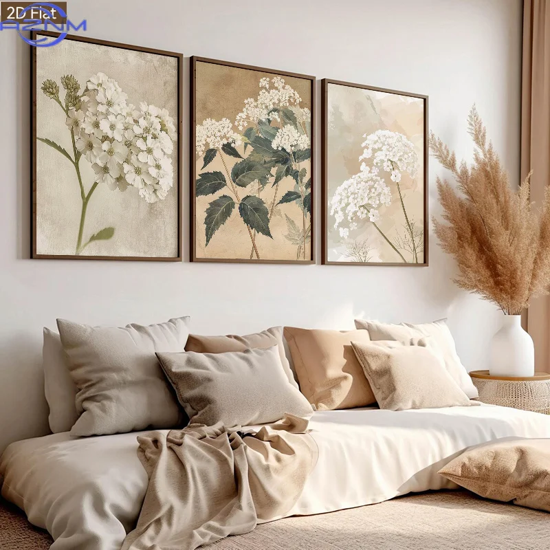 2D/Flat 3pcs Vintage Elegant Hydrangea Fine Brushwork Decorative Painting, Chinese Style Floral Wall Art, Wall Hanging for Liv