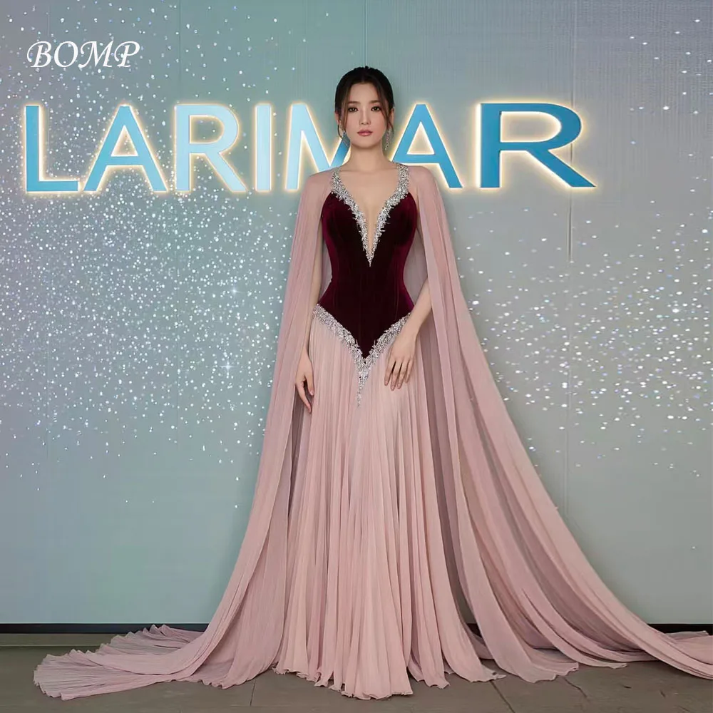 BOMP فستان سهرة فاخر مطرز بالخرز عميق على شكل حرف v كيب ثنيات على شكل حرف a شيفون أحمر الخدود فستان حفلات نسائي مخصص فساتين سهرة