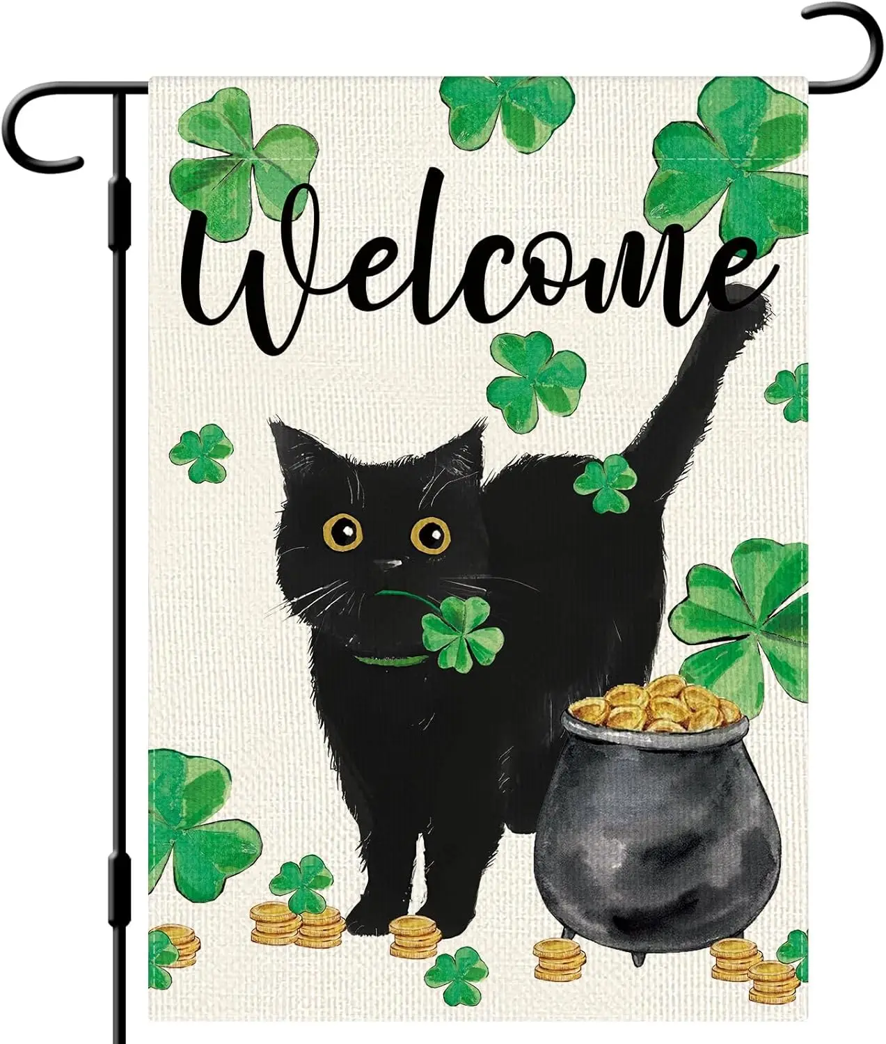 DLZDN Welcome St Patricks Day Cat Garden Flag Shamrocks Clovers Black Cat Flag 12×18 Inch Double Side Vertical Burlap Farmho EEZ