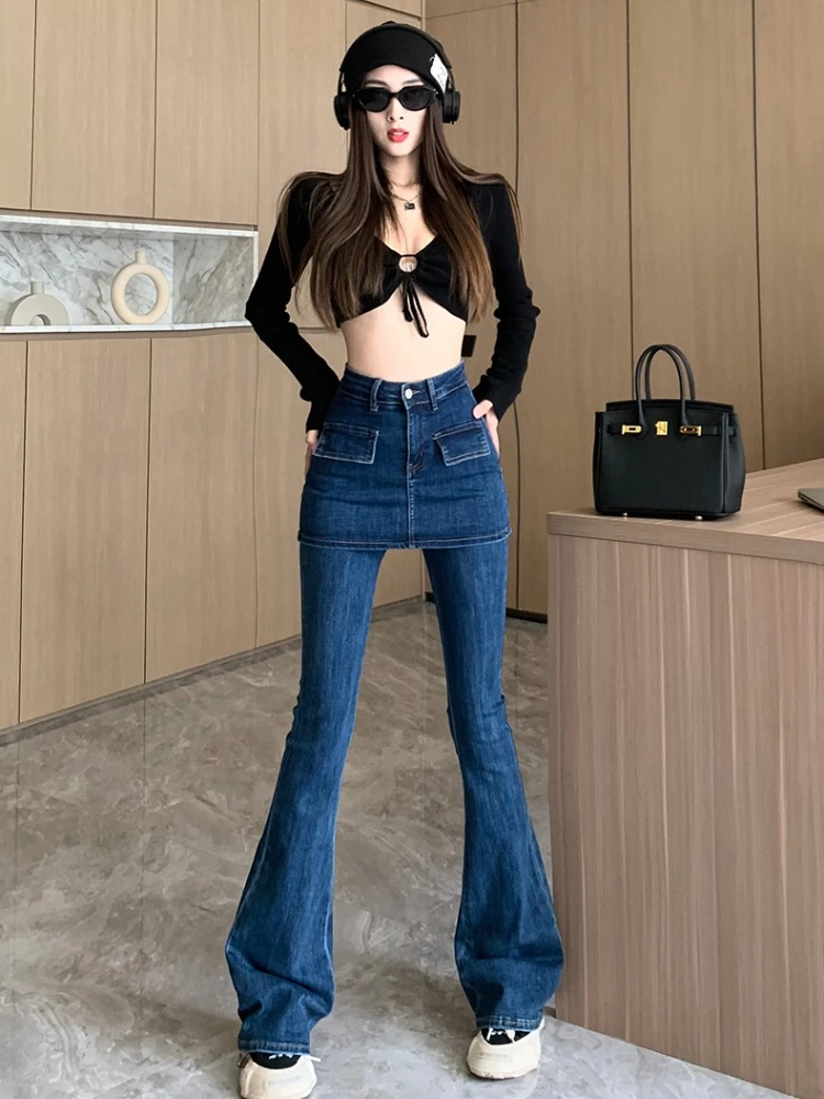 카우보이 플레어 팬츠 여성용 가을 겨울 디자인 감각적인 페이크 투피스 탄력 있는 타이트한 바닥까지 닿는 마이크로 플레어 팬츠