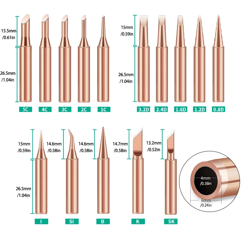 5pcs 900M-T Series Welding Tips Lead-Free Welding Solder Tip Pure Copper Soldering Iron Head Welding Soldering Accessories