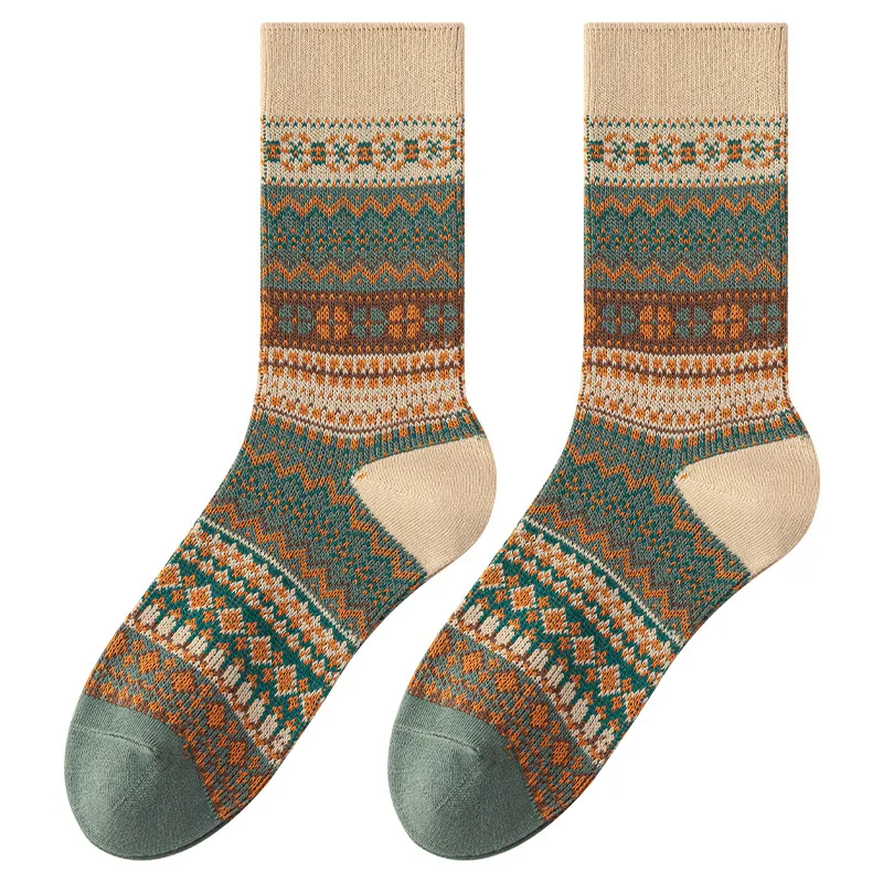 Calzini da donna autunno inverno stile etnico doppio ago lungo cotone Maillard calzini a tubo centrale traspiranti ed eleganti