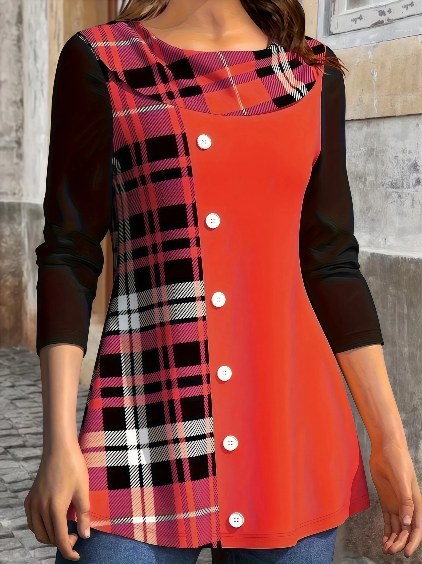 Women Plus Size Long Sleeve T Shirt Plaid Color Contrast Floral Print Round Neck Button Front Autumn Casual Top