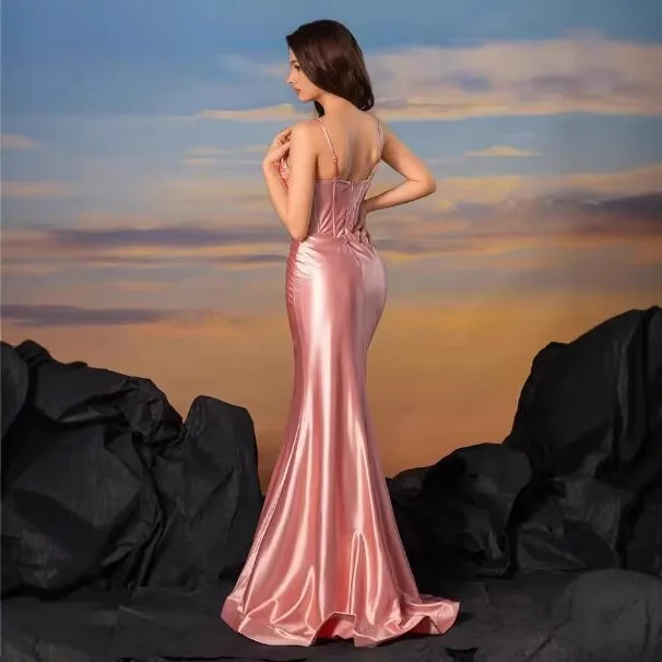 Vestidos de satén con tirantes finos para mujer, vestido elegante de sirena con cordones y espalda descubierta, vestido largo ajustado sin mangas para graduación