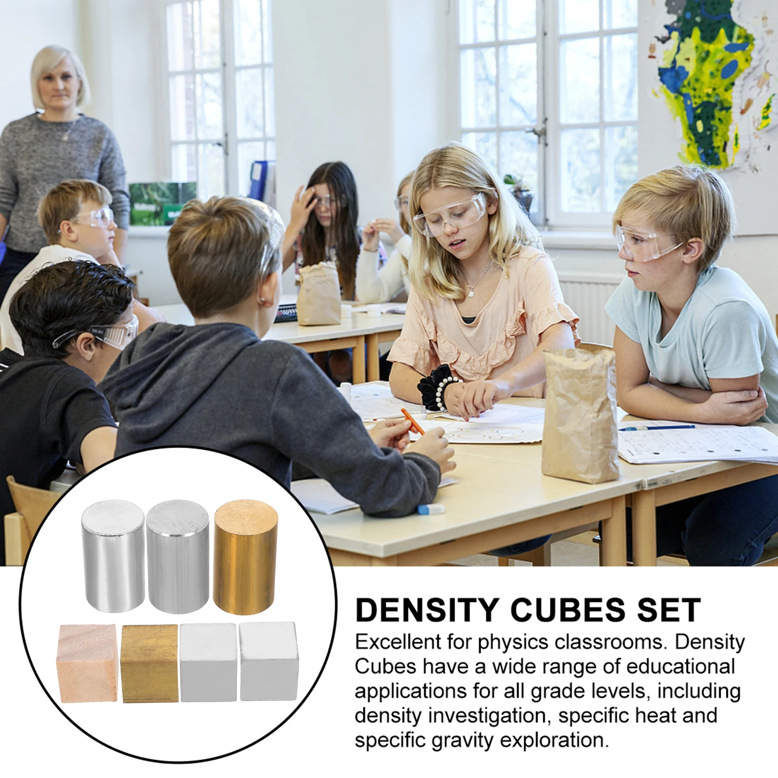 

7Pcs Scientific Density Cubes Copper Iron Aluminum Blocks Cylinders for Physics Projects Learning Density Cubes