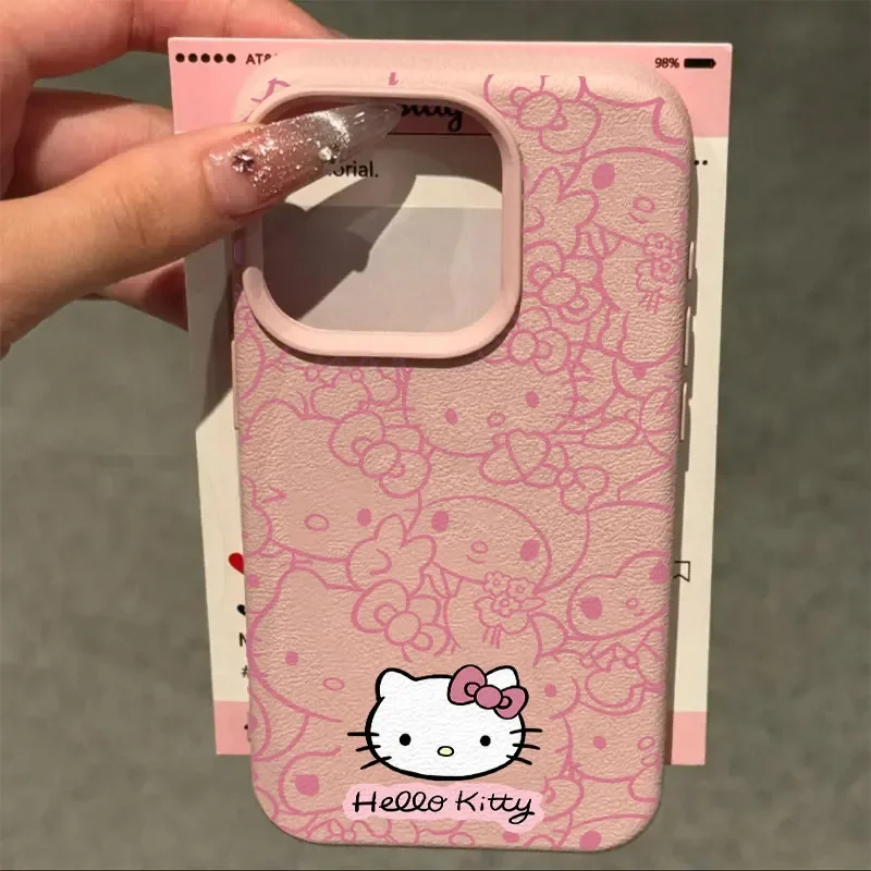 Full Screen Pink Lines Hello Kitty Kuromi Leather Phone Case For iPhone 16 15 14 13 12 11 Pro Max 15 16 PLUS Y2K Pink Girl Cover