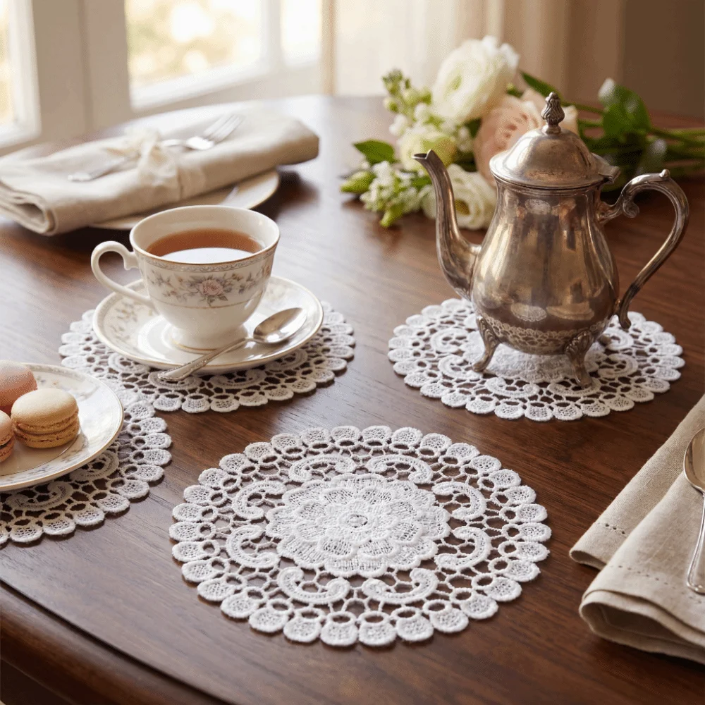 

Кружевная вышитая скатерть-подставка для кофе, круглая, белая, с ажурным узором, для чайных сервировок, декор для свадебных банкетов