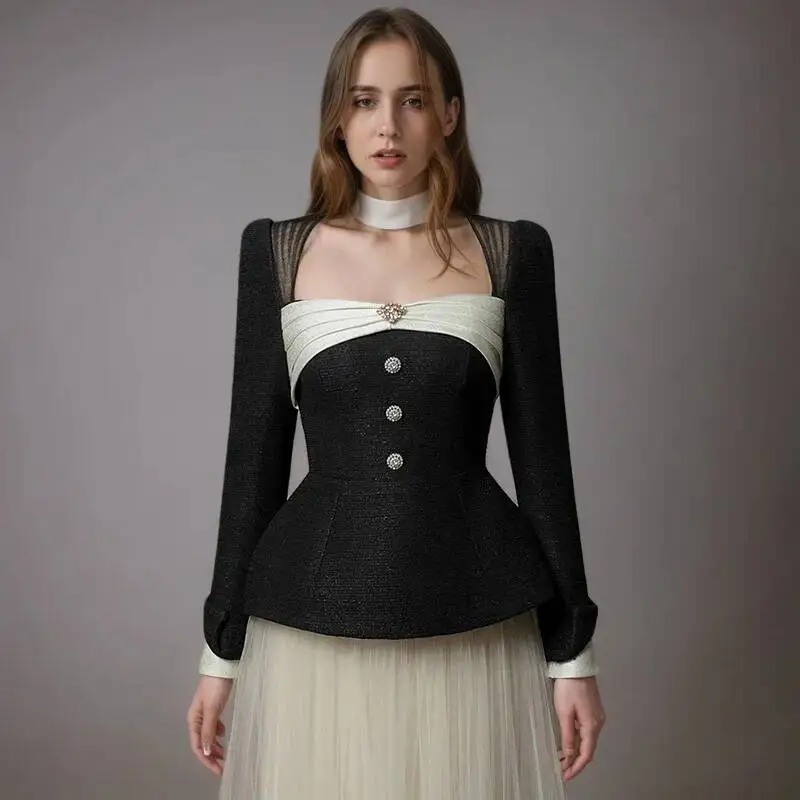 Fashion 2 Piece Set Women's Contrast Color Sequare Collor Slim Top High Waist A-line Mesh Skirt Sui SBK8