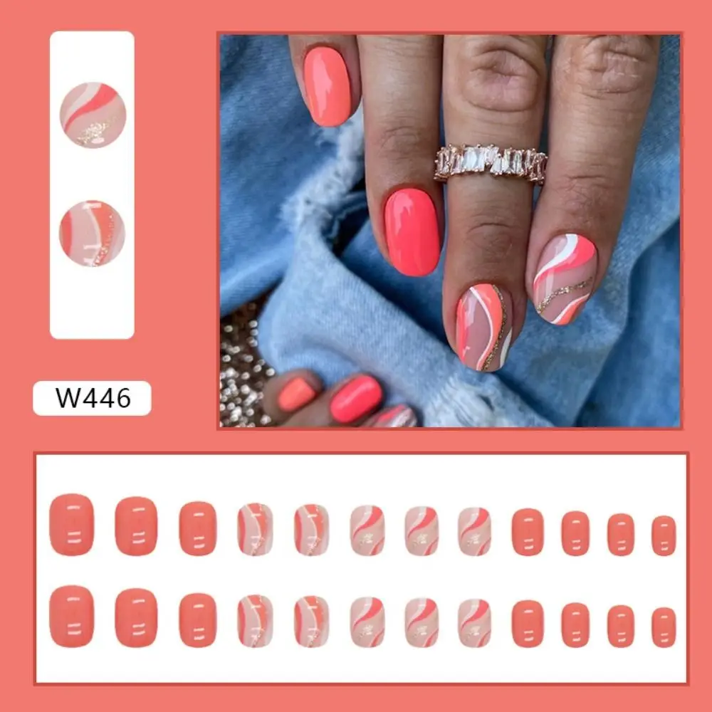 Fashion Short Round False Nails Leopard French Fake Nails Full Cover Ripple Orange Nail Tips for Salon