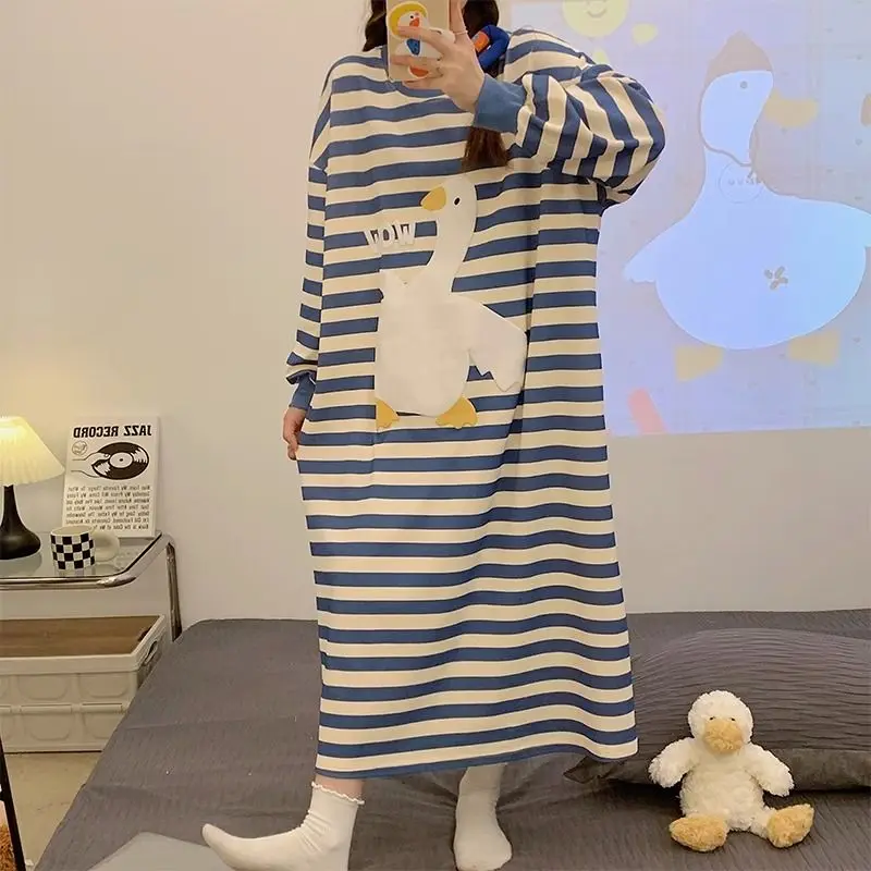 Plus Size 5XL 150KG Autumn Sleepwear Dress Striped Women\'s Night Shirts Oversize Women Nightgowns Sleepwear women Pajama