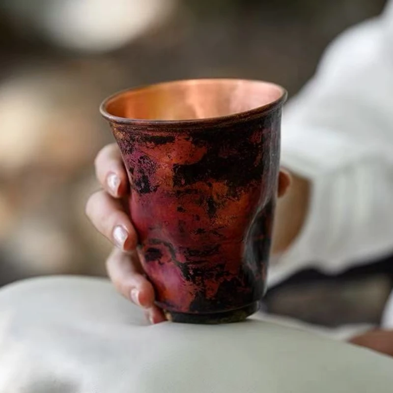 Vintage Pure Copper American Coffee Mug,Irregular Shape Texture Drinking Tea Beer Beverage Mug,Straight-Sided Tea Cup Tableware
