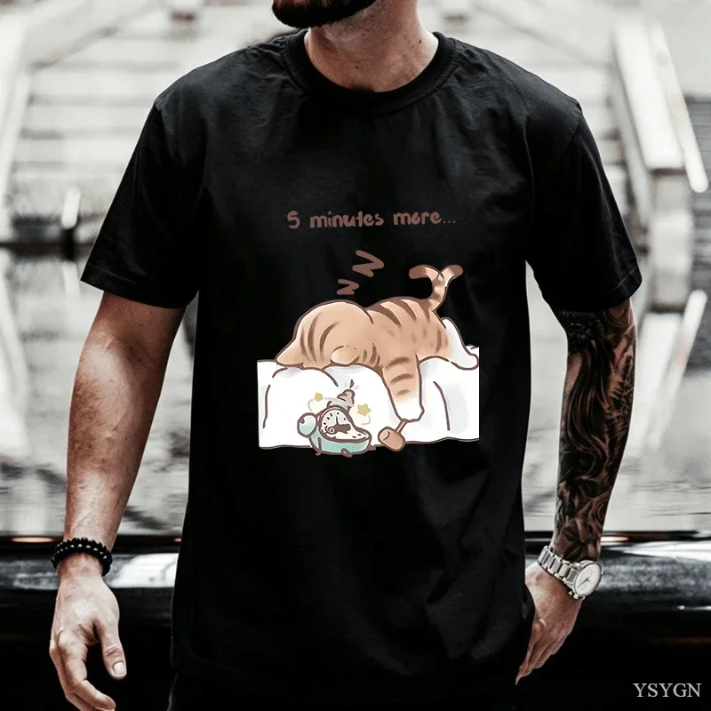 Funny Cat That Always Wants To Sleep Prints T Shirt O-Neck Soft Loose Tee Tops Basic Men Woman Clothes Casual Short Sleeve Tees