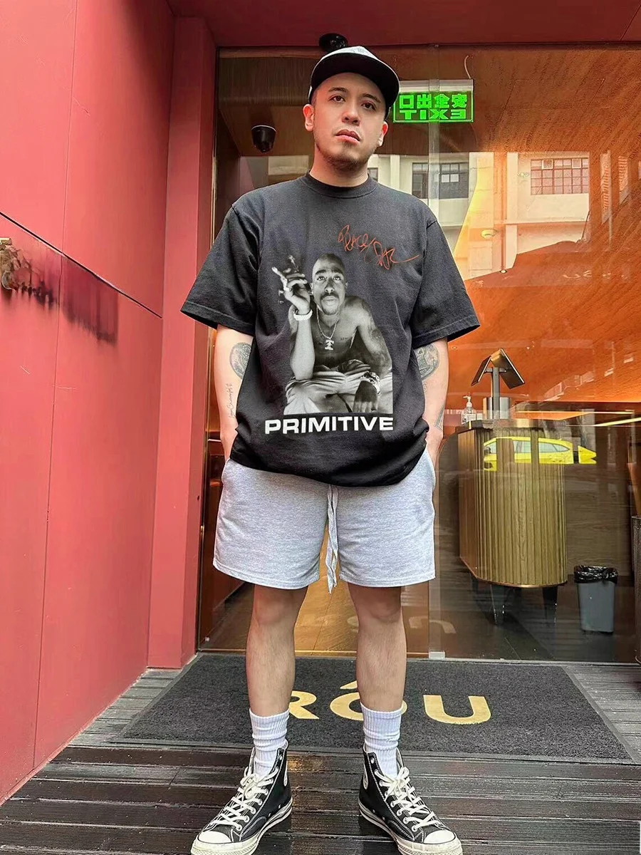 2Pac Collaborated American Heavyweight Washed Vintage Short Sleeve T-Shirt Portrait Direct Spray Casual Loose Fit Breathable ...