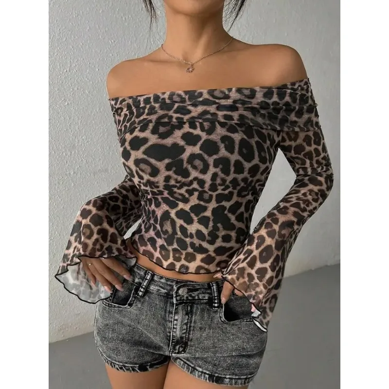 Lygens-Women's Leopard Print Long Sleeve Crop Top, Mesh Ruched T-Shirt, Casual Clothes, Sexy Y2K Streetwear, Manufacturer