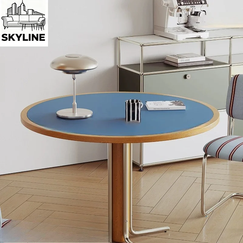 Retro Modern Round Dining Table, High-End Stainless Steel Frame Fireproof Board Round Table for Home Use