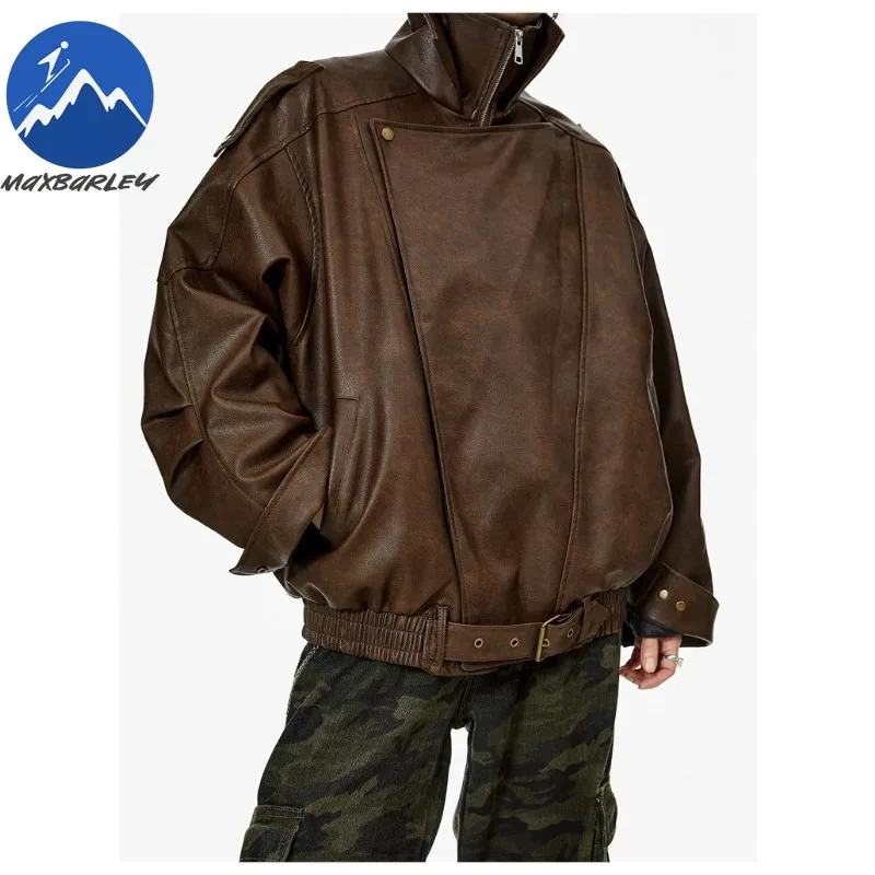 Giacca in pelle Maxbarley Giacca corta oversize in ecopelle PU retrò femminile con cintura Cappotto da motociclista con cerniera streetwear