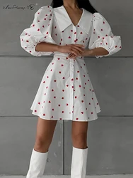 Mnealways18 Puff Sleeve Printing Heart A-Line Dress Women Lapel Elegant Slim Mini Dress Summer 2024 Office Ladies Button Dresses