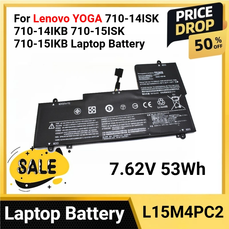 

L15M4PC2 7.62V 53Wh For Lenovo YOGA 710-14ISK 710-14IKB 710-15ISK 710-15IKB Laptop Battery 5B10K90778 5B10K90802 53WH