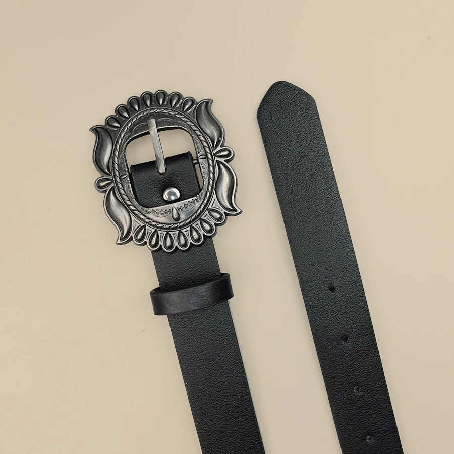 حزام نسائي عتيق منحوت باللون الأسود - صيفي متعدد الاستخدامات، مثالي للجينز والفساتين والبدلات والقمصان، هدية مثالية